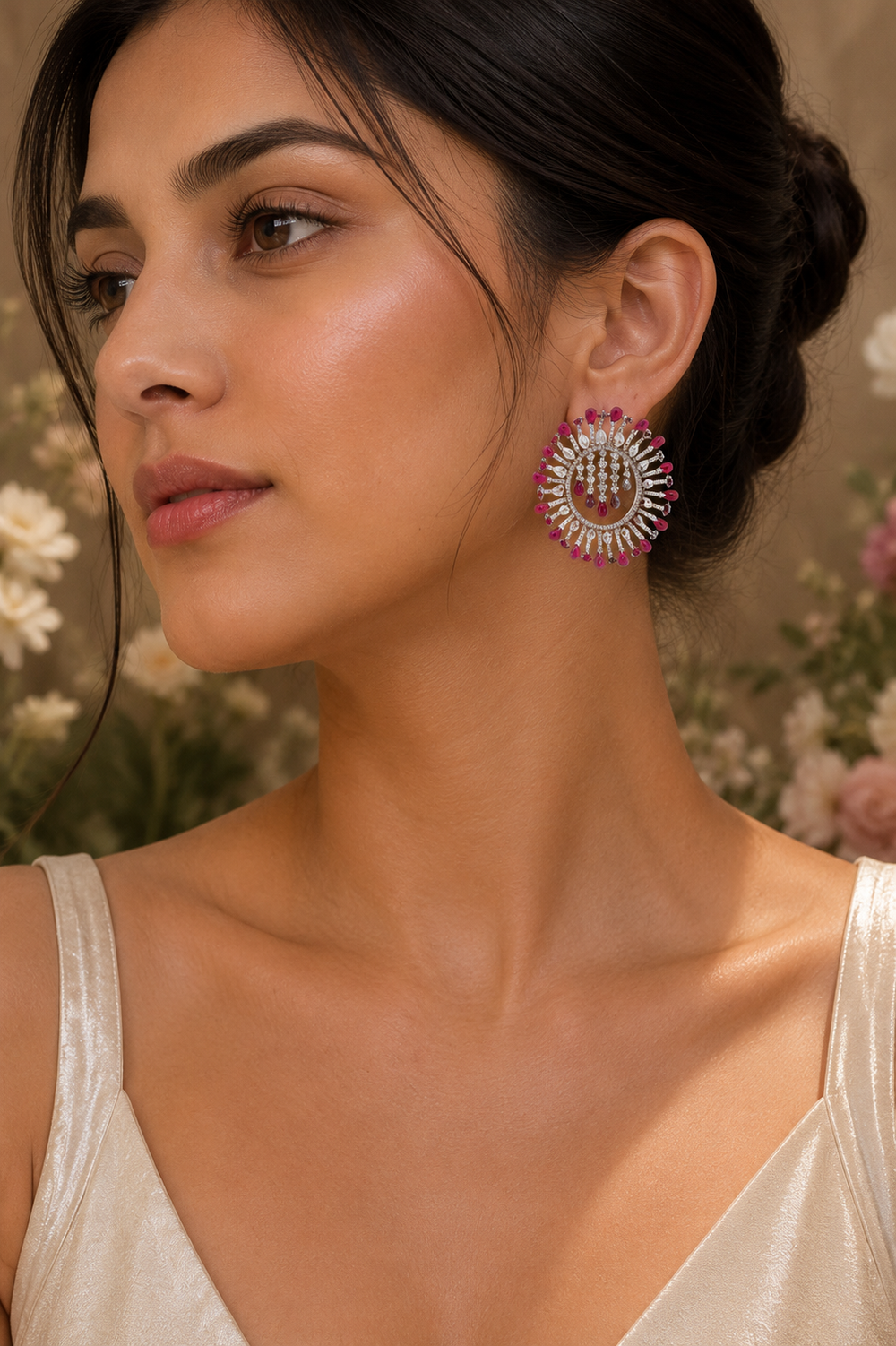 18K White Gold Ruby Halo Diamond Earrings