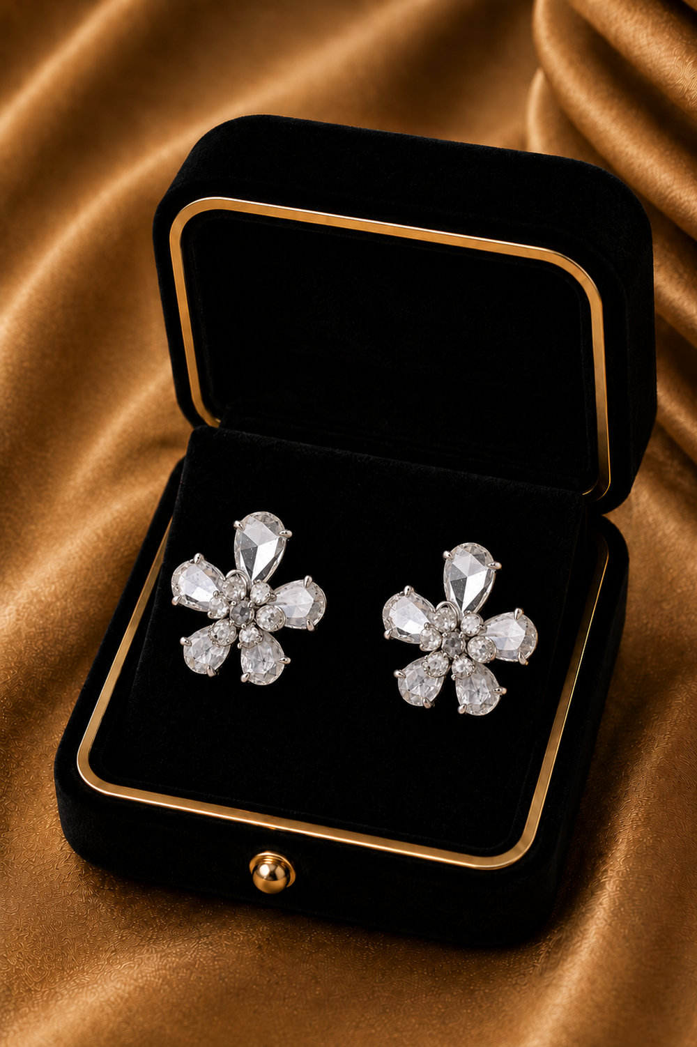 Rose Cut Diamond Floral Stud Earrings in 18K White Gold | Luxury Fine Jewellery
