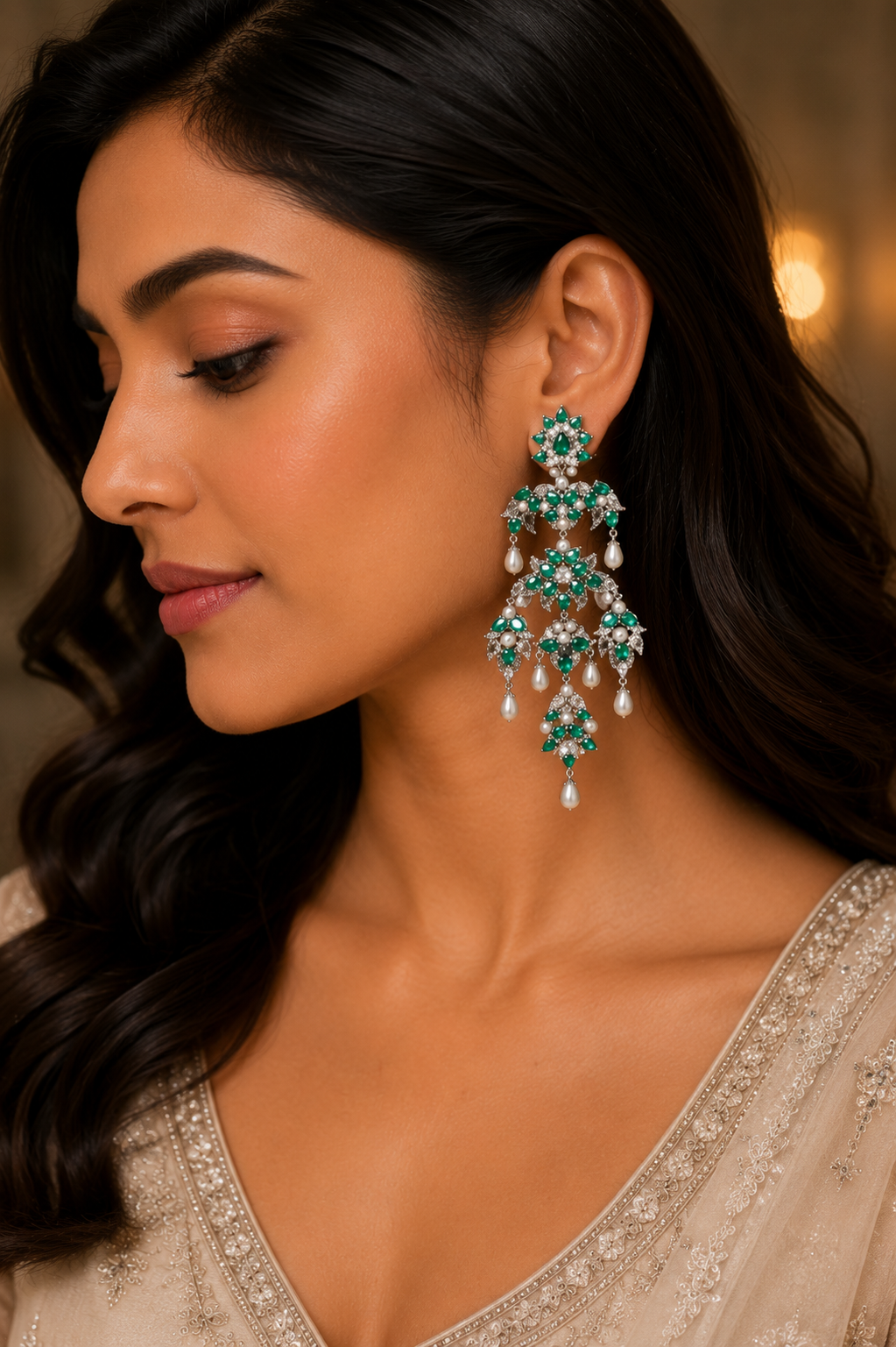 18K White Gold Emerald Floral Chandelier Earrings