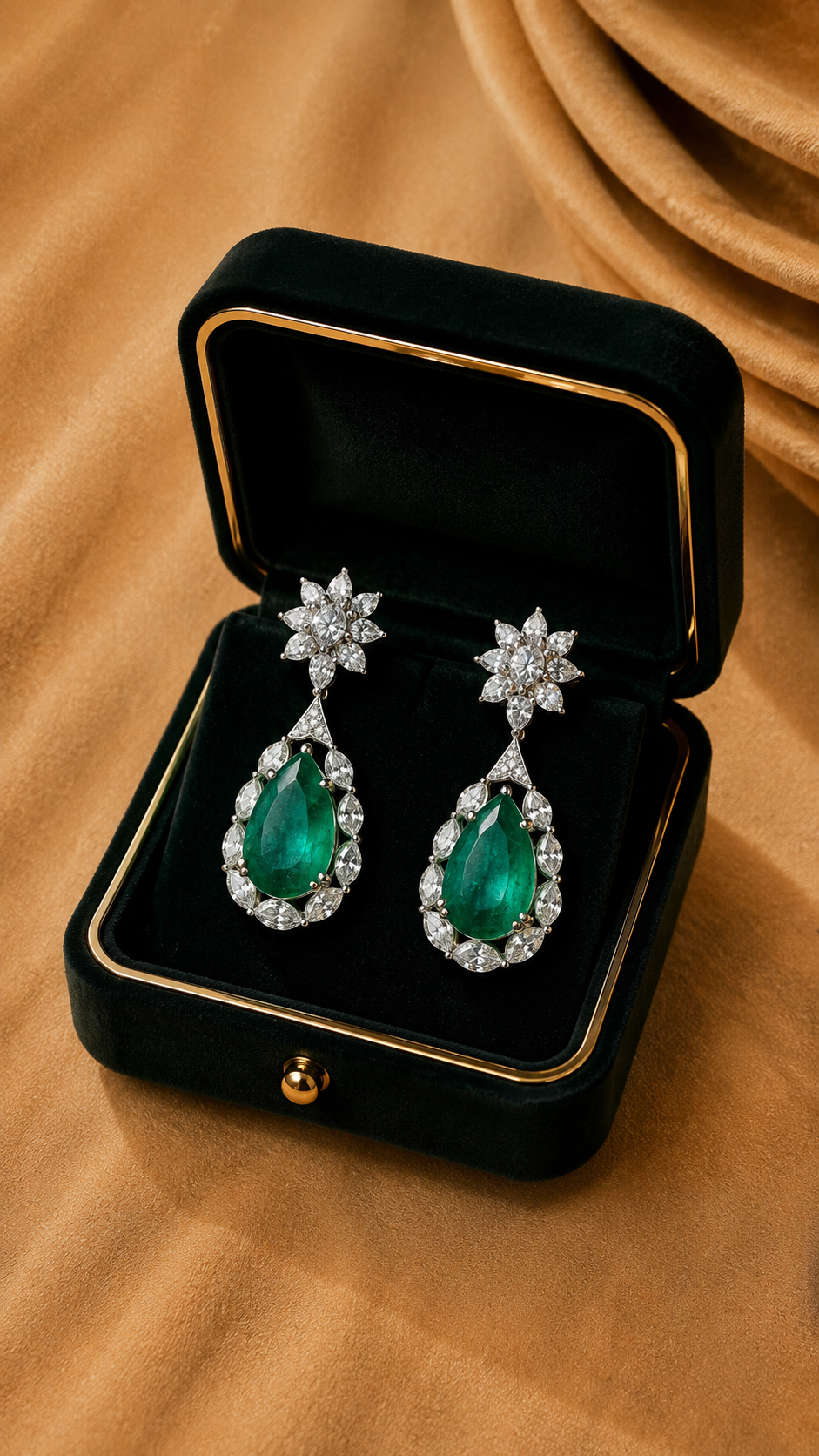 18K White Gold Emerald Pear Diamond Drop Earrings
