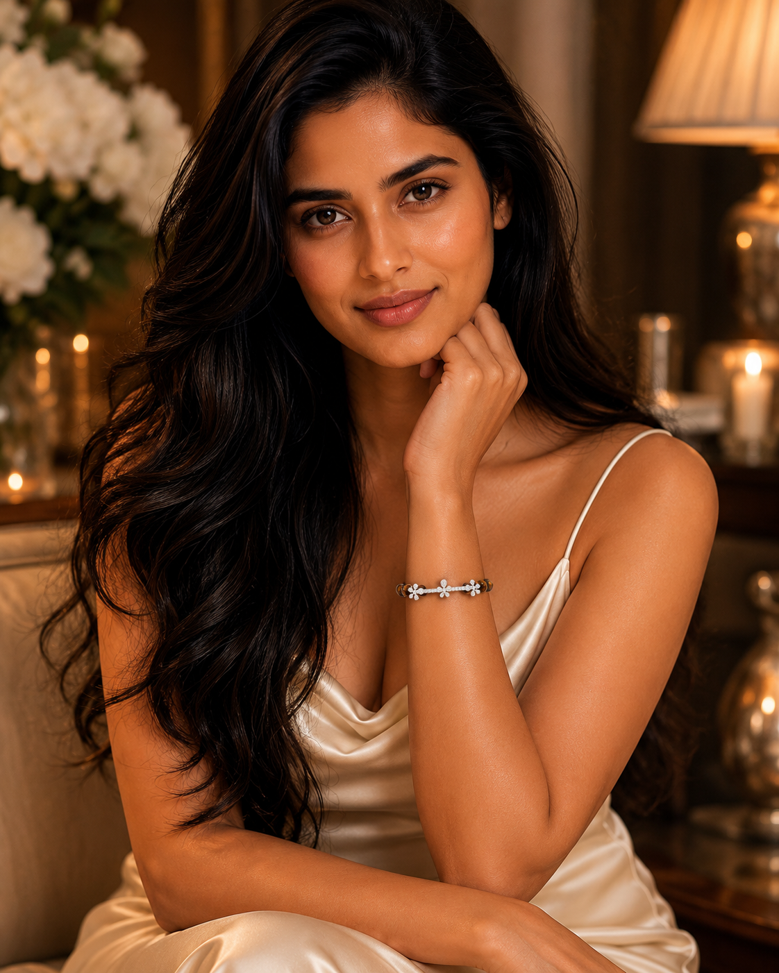 Jasmine Charm Tiger Stone Diamond Bracelet in 18K White Gold