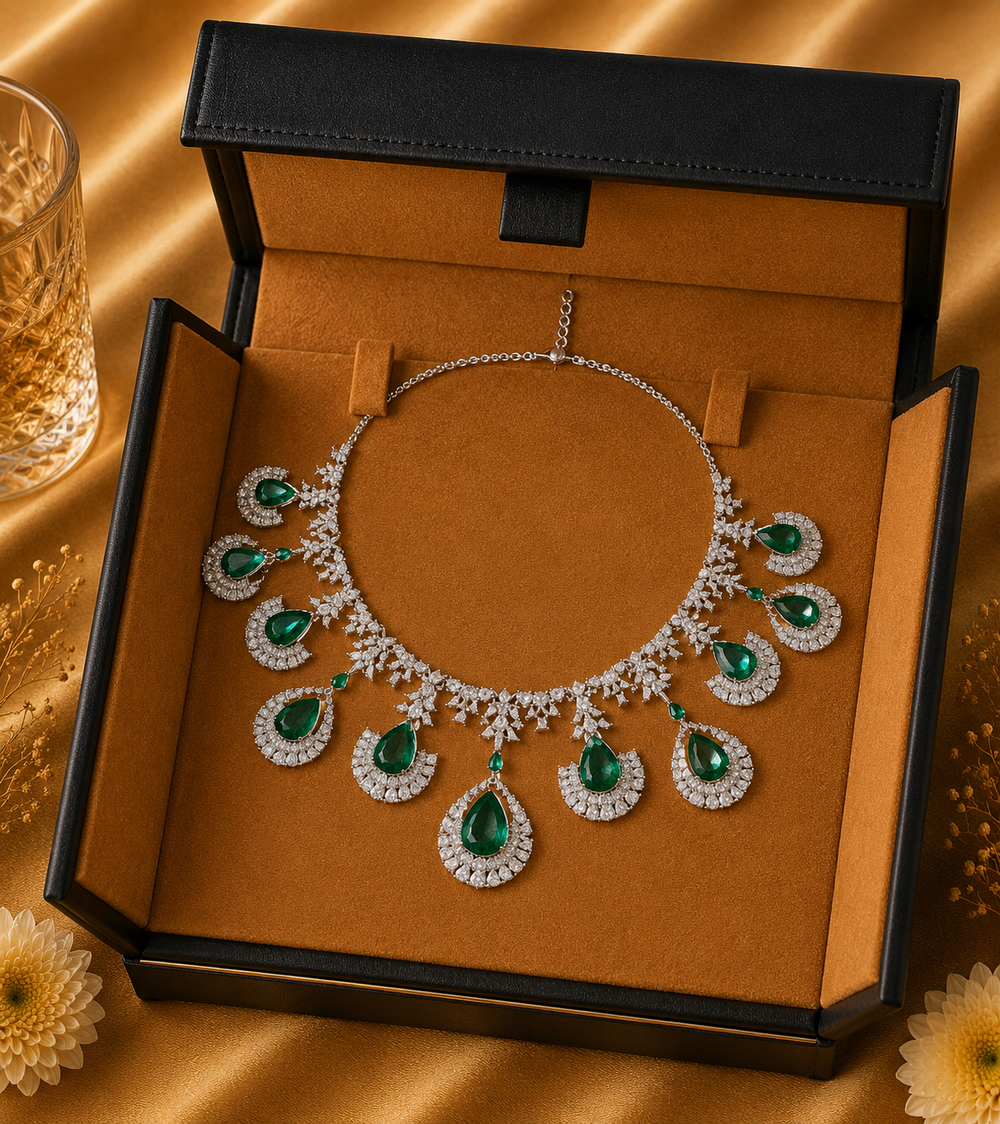 Emerald Diamond Statement Necklace in 18K White Gold | Luxury Fine Jewellery