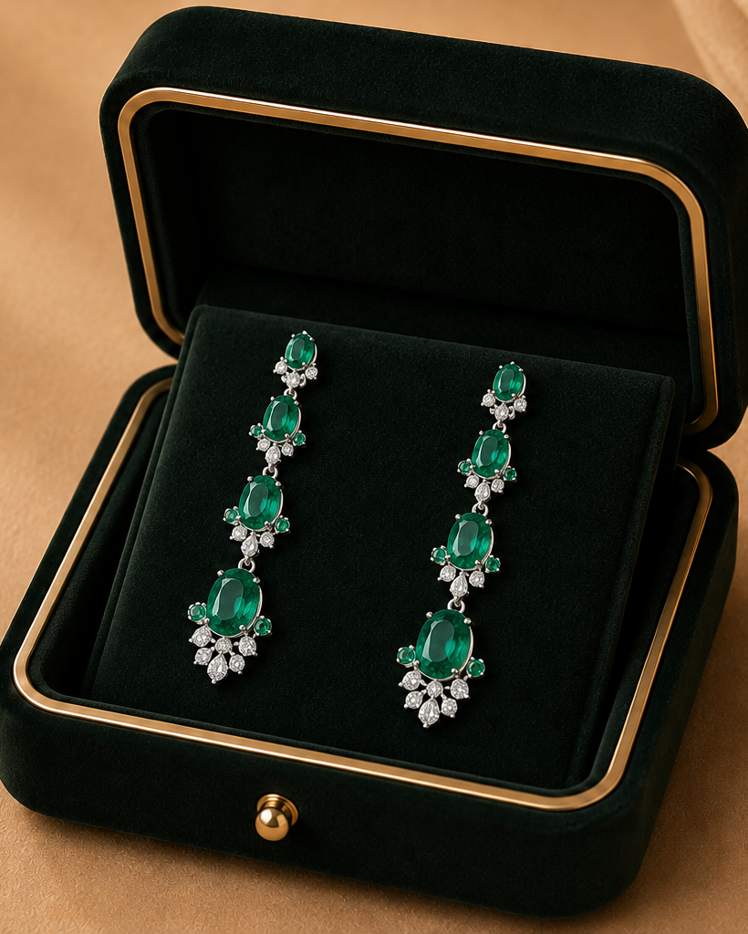 Green gemstone earrings in a black jewelry box on a beige fabric background