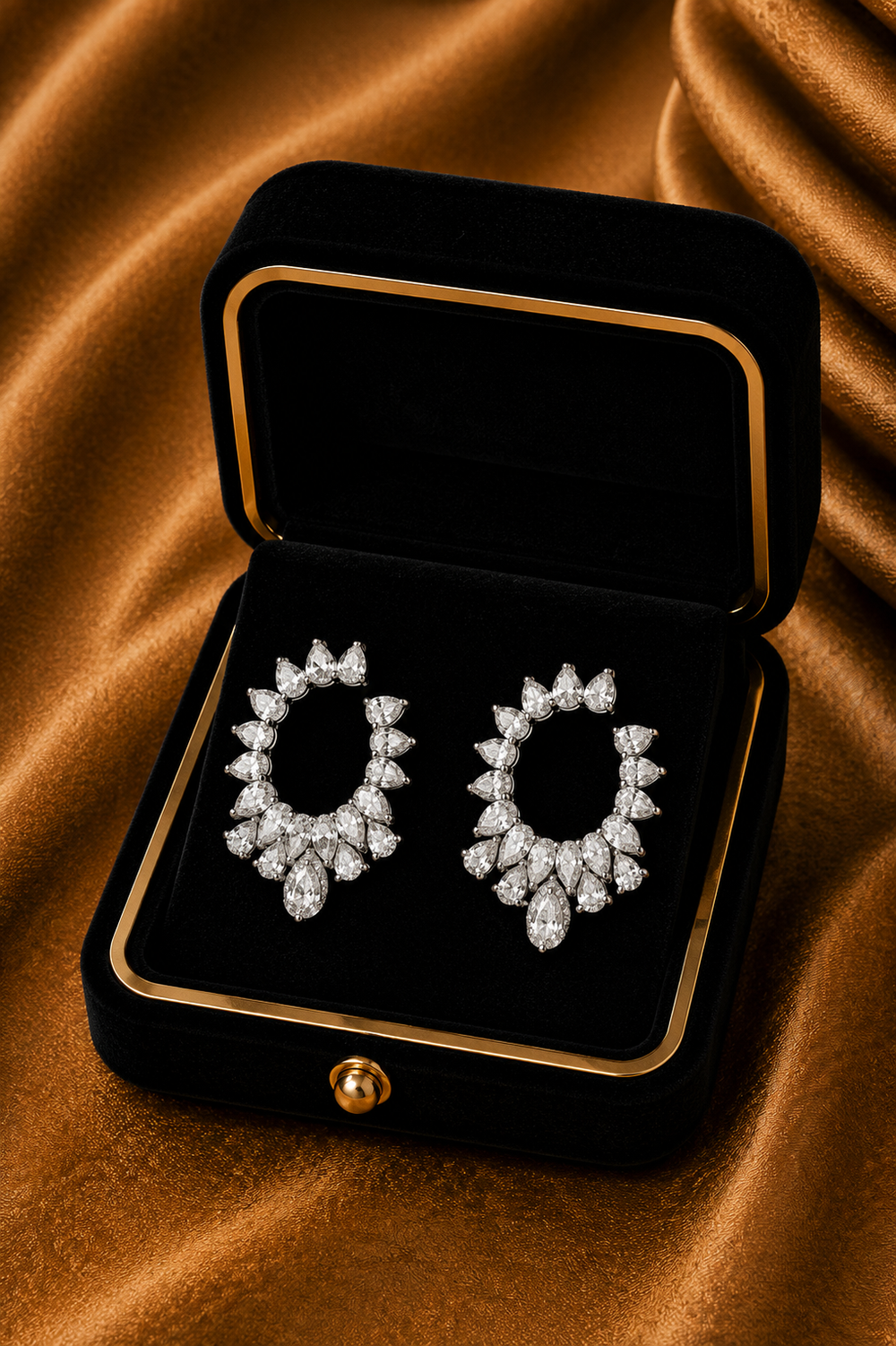 18K White Gold Black Diamond Floral Hoop Earrings