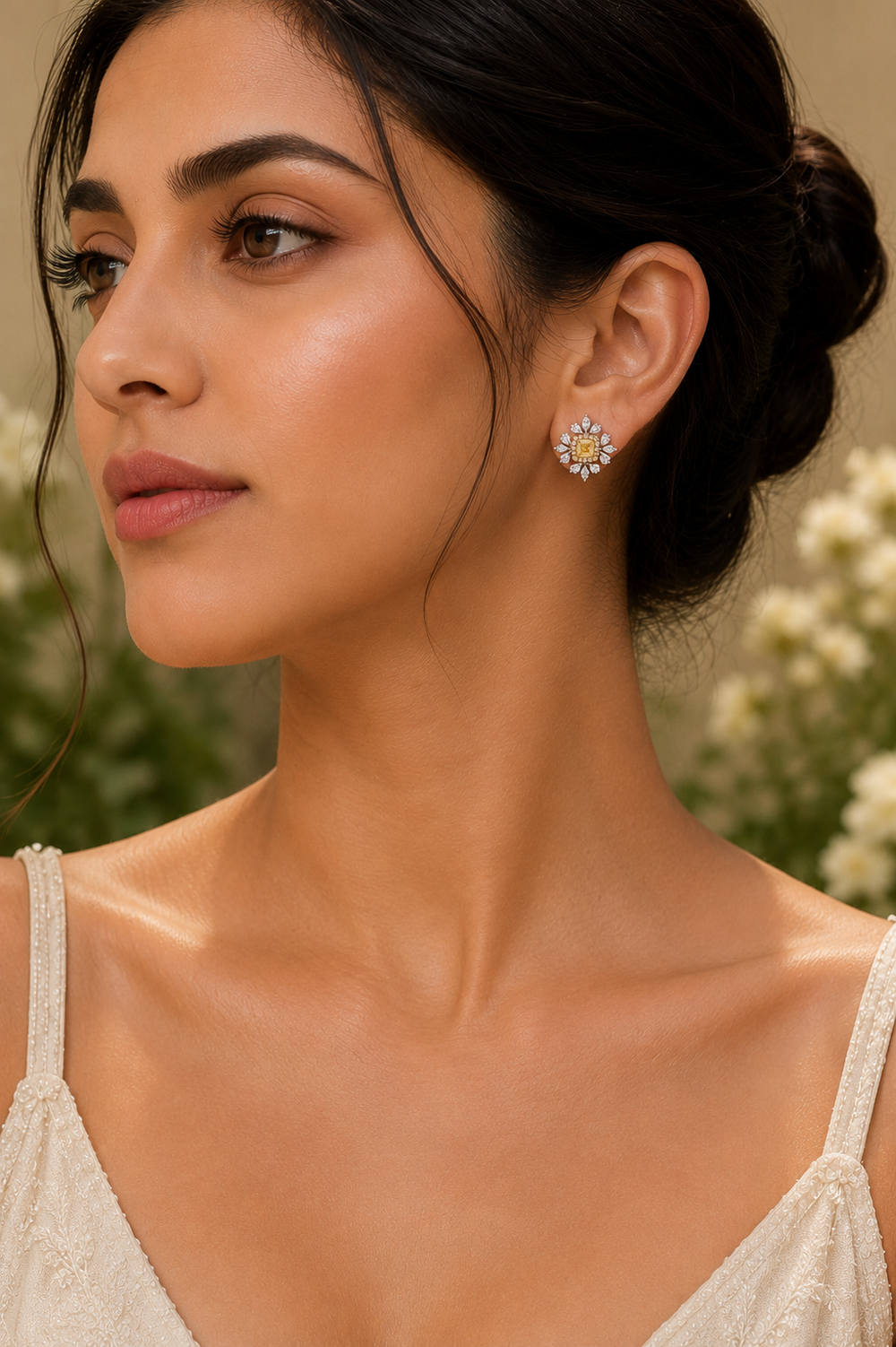 18K White Gold Yellow Diamond Floral Stud Earrings