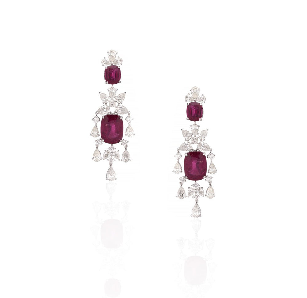 18K White Gold Ruby Floral Diamond Drop Earrings