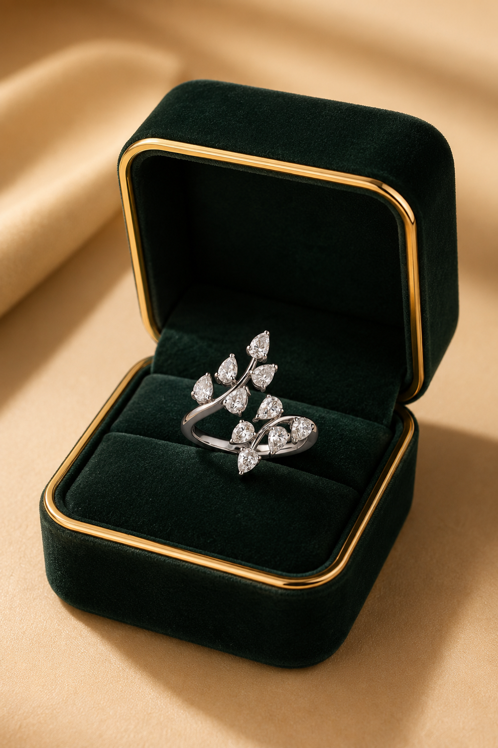 Starlit Marquise Diamond Ring in 18K white gold with natural diamonds displayed in Izzari's luxury jewellery box