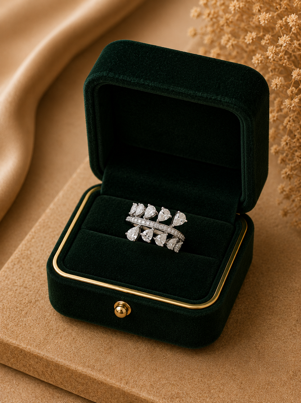 Teardrop Diamond Ring in 18K white gold with natural diamonds displayed in Izzari's luxury jewellery box.