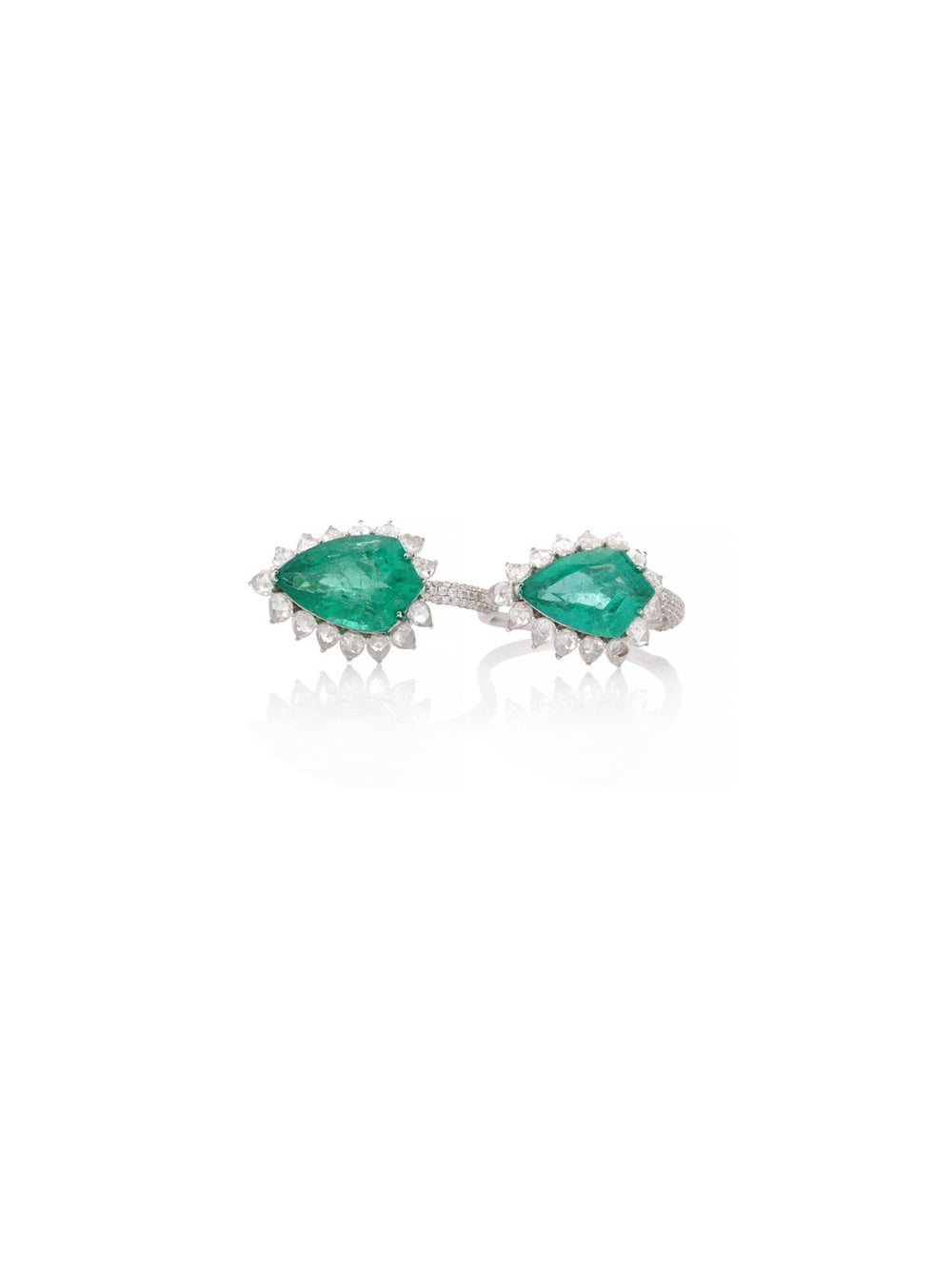 Twin Emerald Bloom Diamond Ring in 18K white gold with natural emeralds and natural diamonds – front view