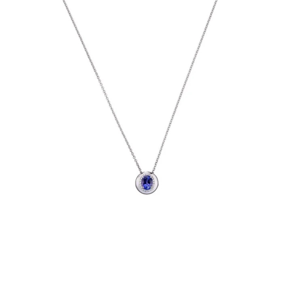 18K White Gold Blue Sapphire Diamond Pendant Necklace