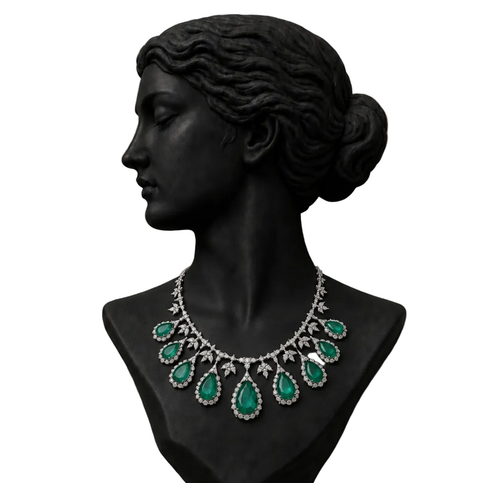 Imperial Emerald Pear Drop Diamond Statement Necklace in 18K Gold | Luxury High Jewellery