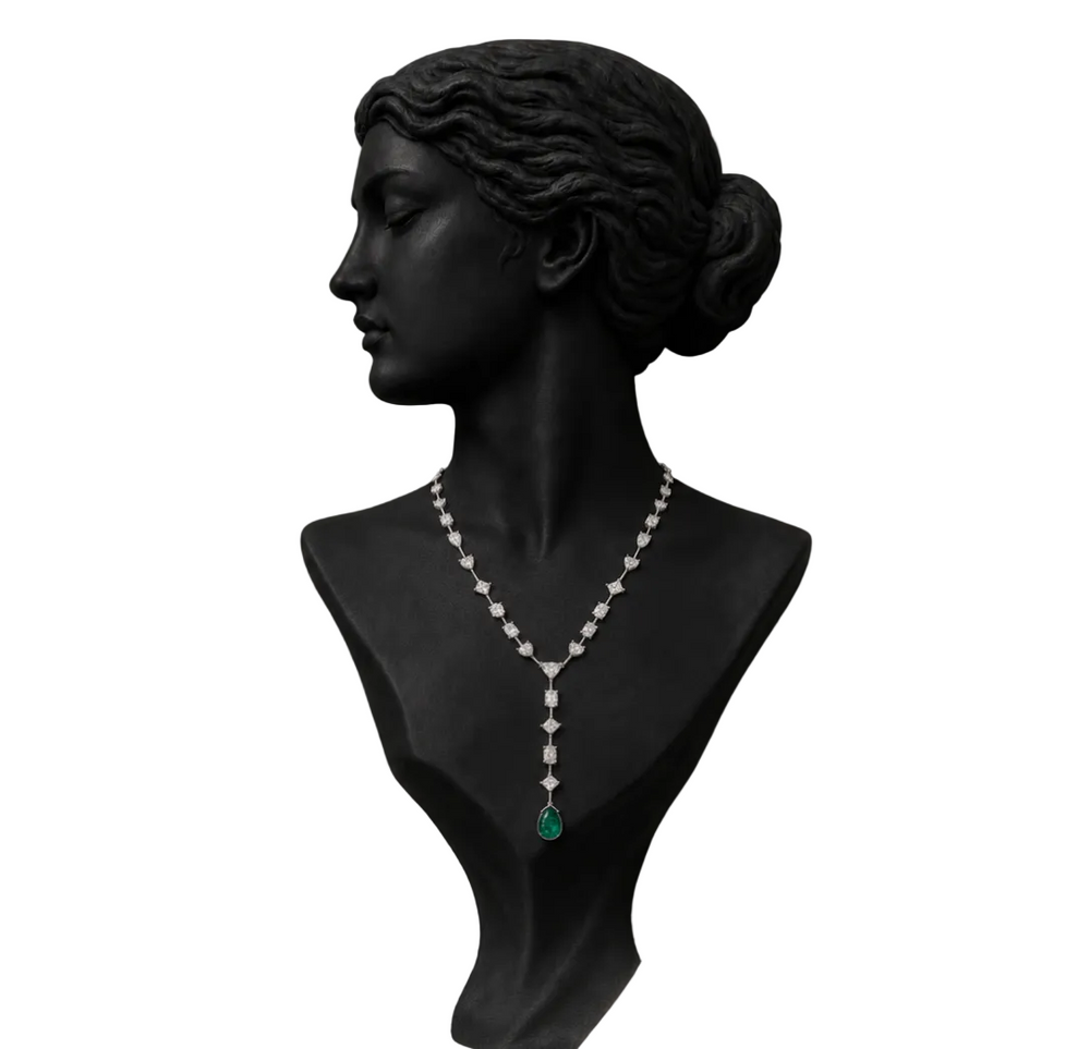 Fancy Cut Diamond Necklace with Emerald Drop in 18K Gold