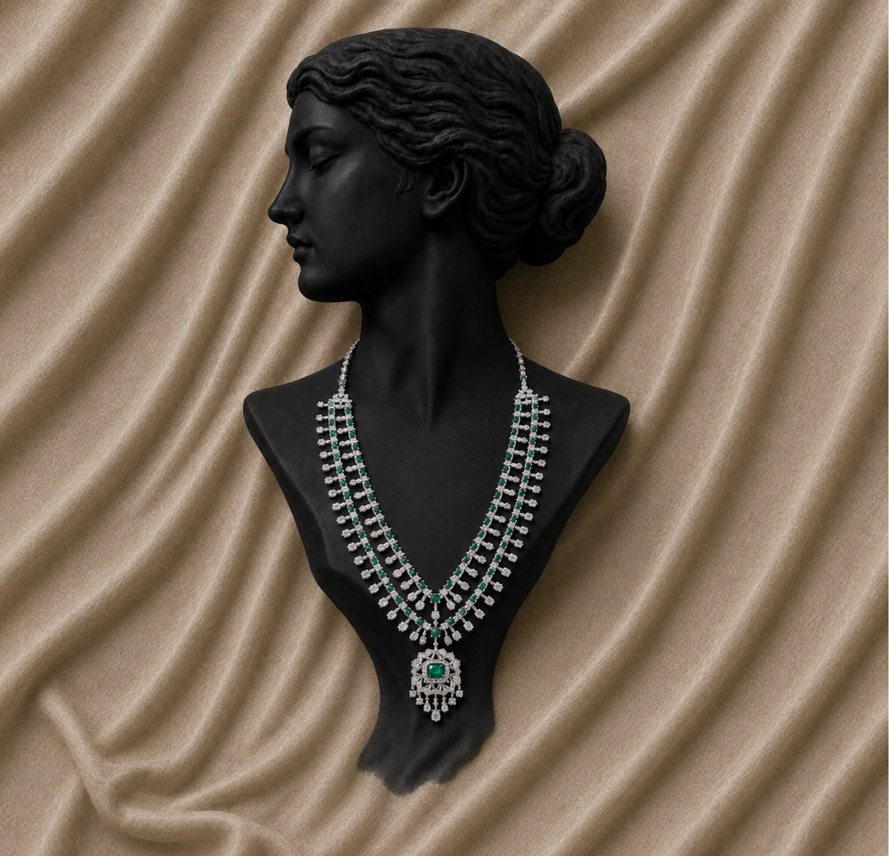 14K White Gold Emerald Layered Diamond Necklace