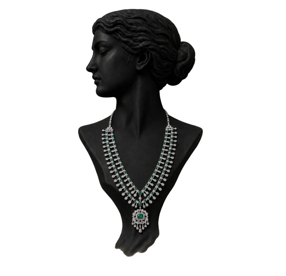 14K White Gold Emerald Layered Diamond Necklace