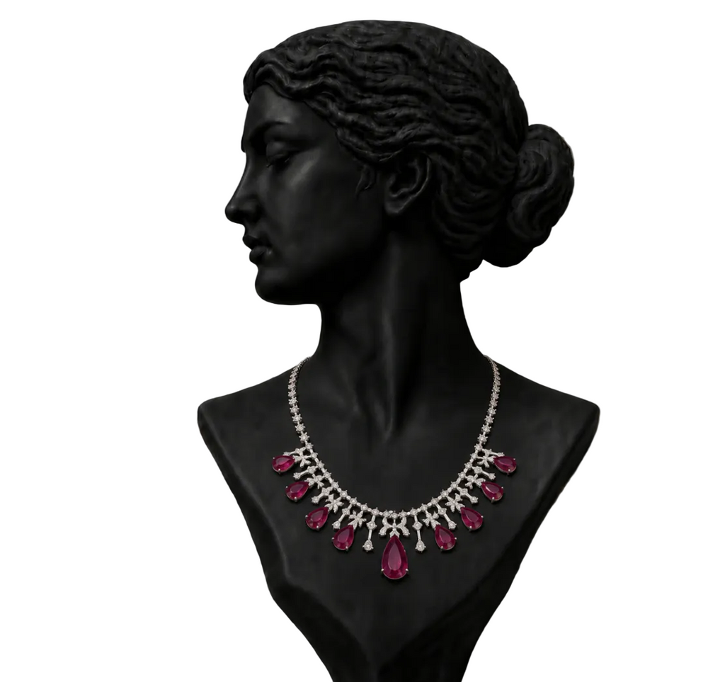 14K White Gold Ruby Diamond Statement Necklace