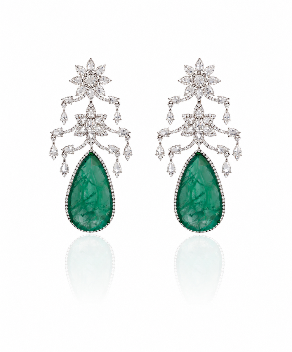 zembian Emerald Drop Earrings in 18K White Gold | Luxury Fine Jewellery