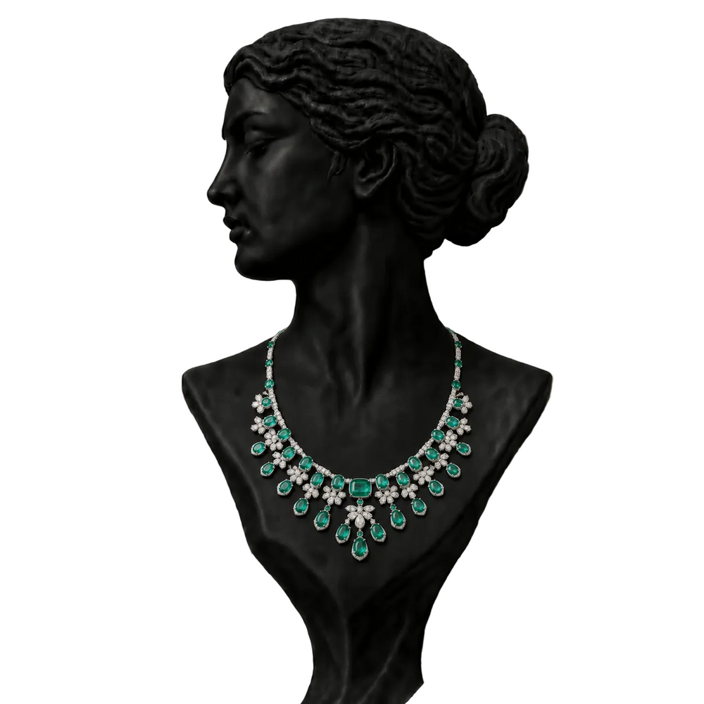 18K White Gold Emerald Diamond Statement Necklace
