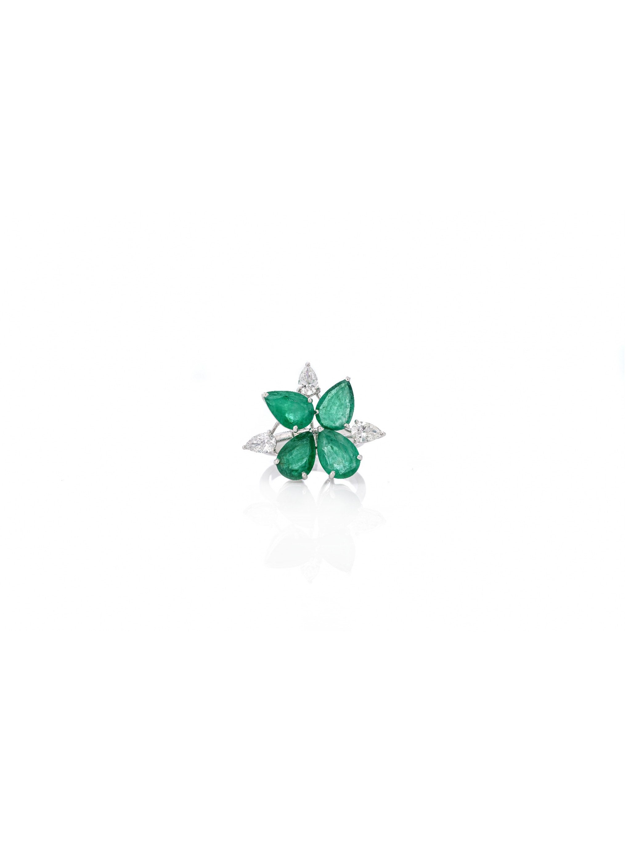 Emerald Butterfly Diamond Ring in 18K White Gold