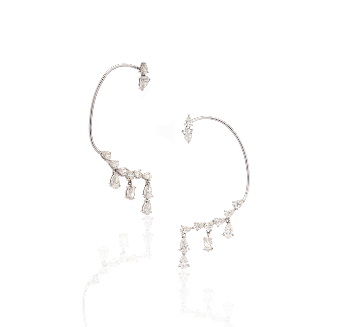 18K White Gold Diamond Ear Cuff Chain Earrings