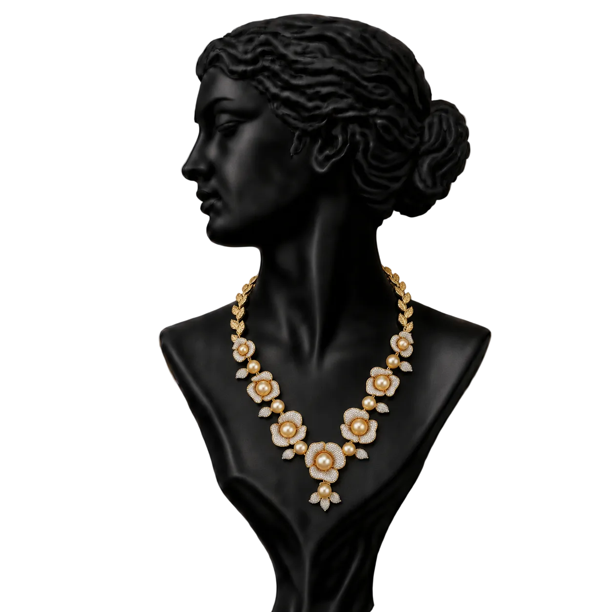A gold and white floral necklace displayed on a black classical-style bust .