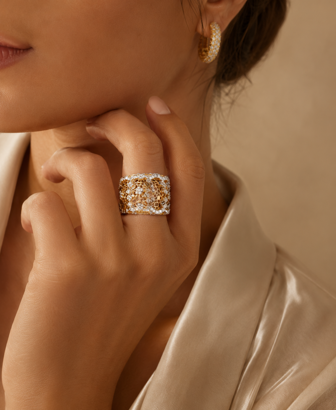 18K Yellow Gold Wide Diamond Band Ring