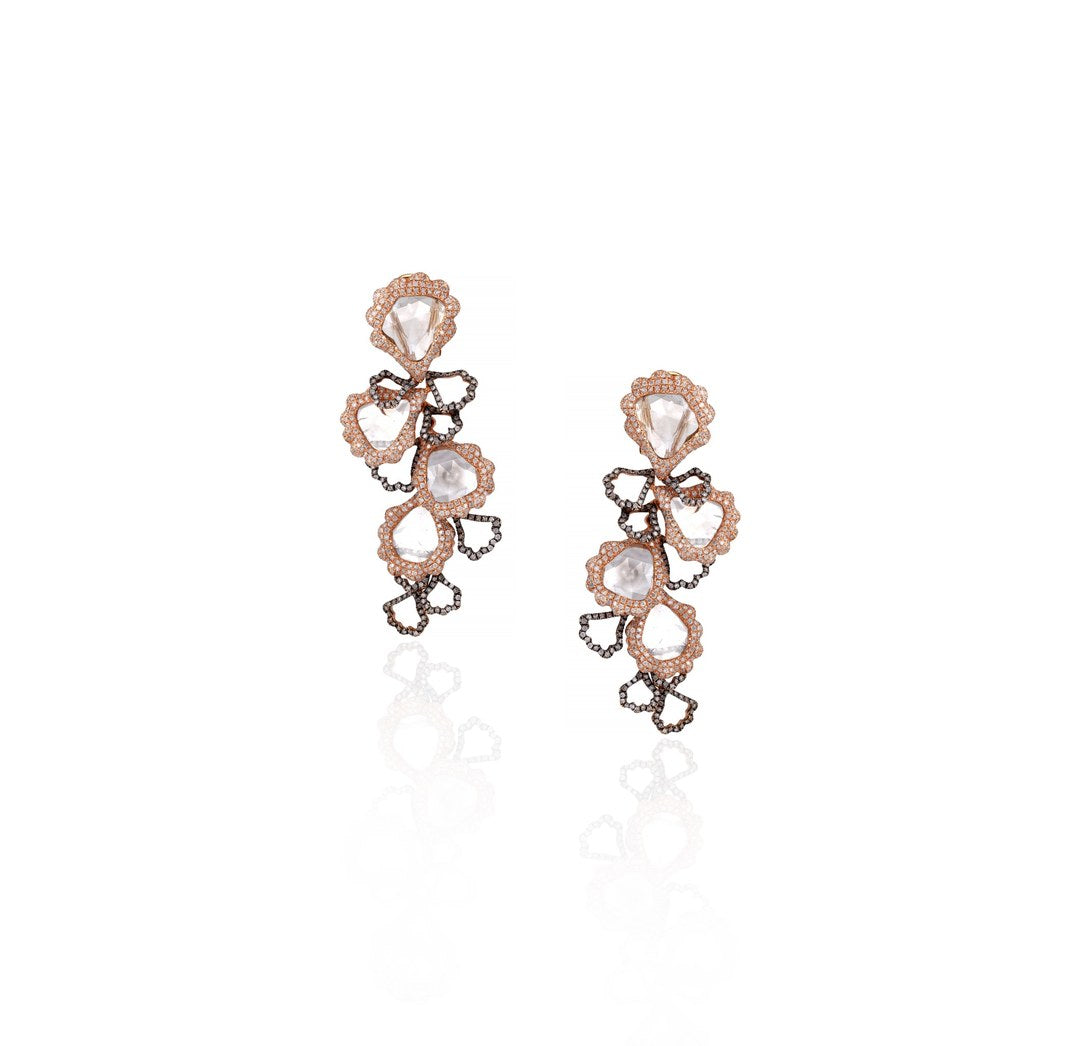 18K Rose Gold Floral Diamond Drop Earrings
