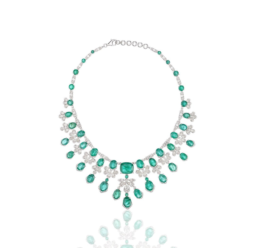 18K White Gold Emerald Diamond Statement Necklace