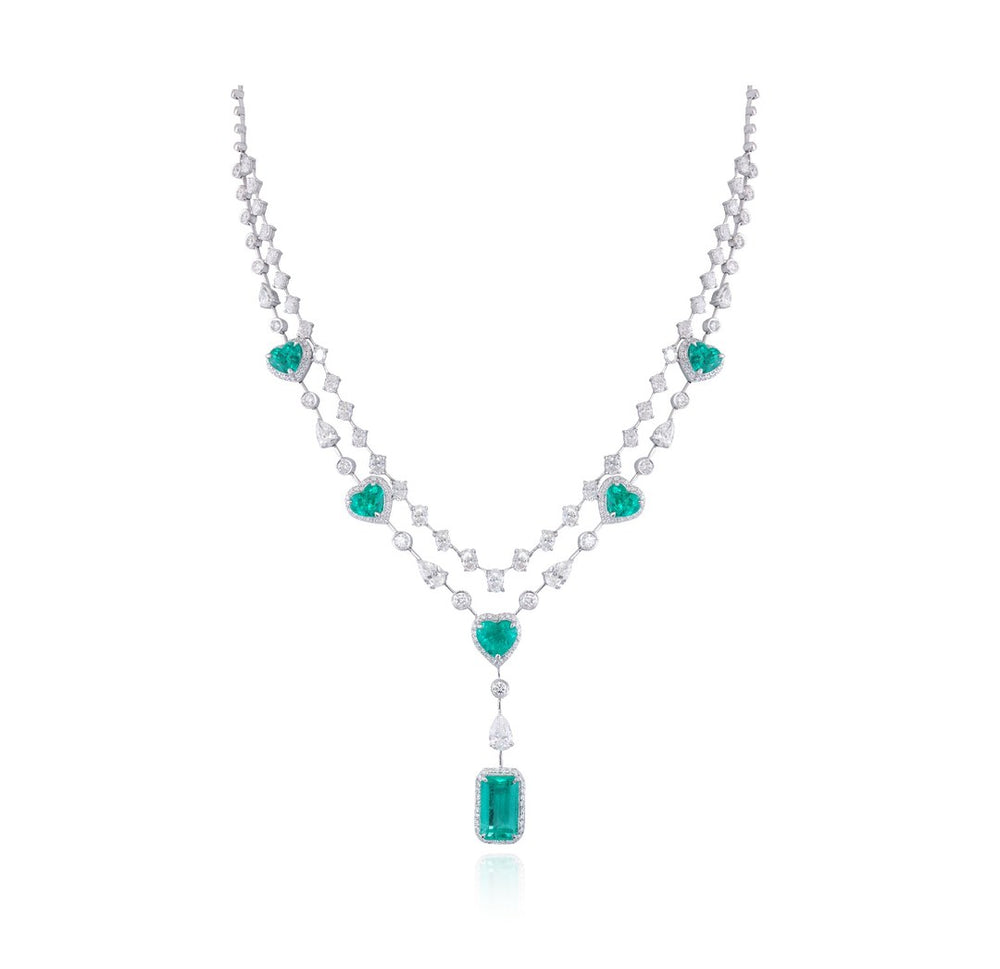 18K White Gold Emerald Station Diamond Necklace