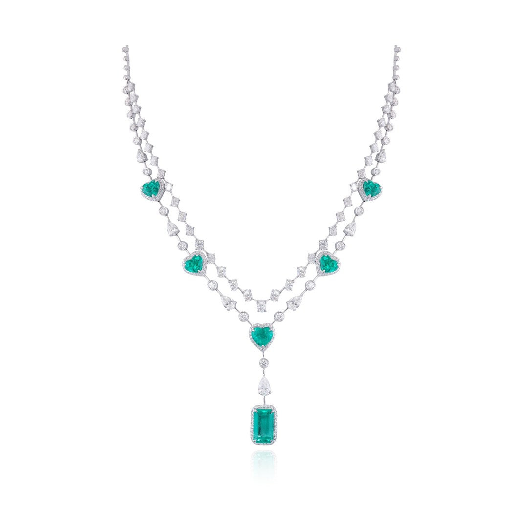 18K White Gold Emerald Station Diamond Necklace