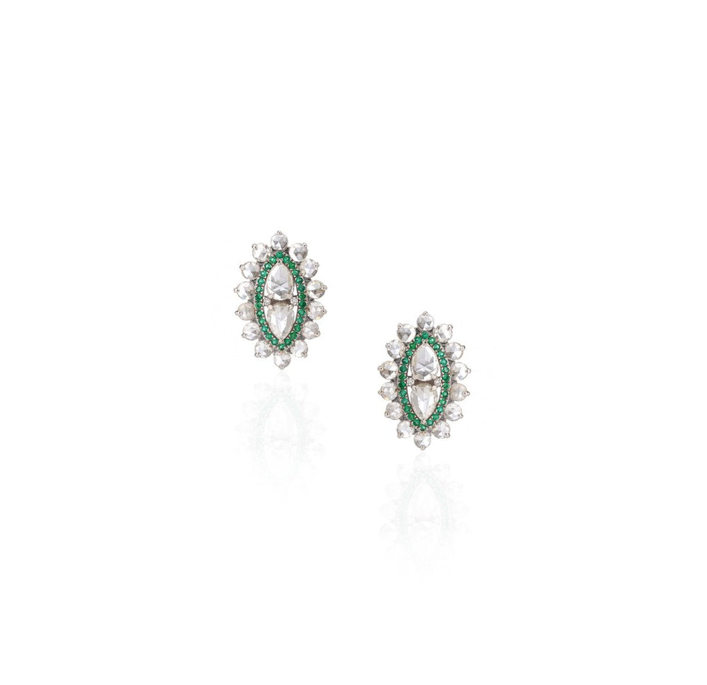 18K White Gold Emerald Halo Diamond Earrings