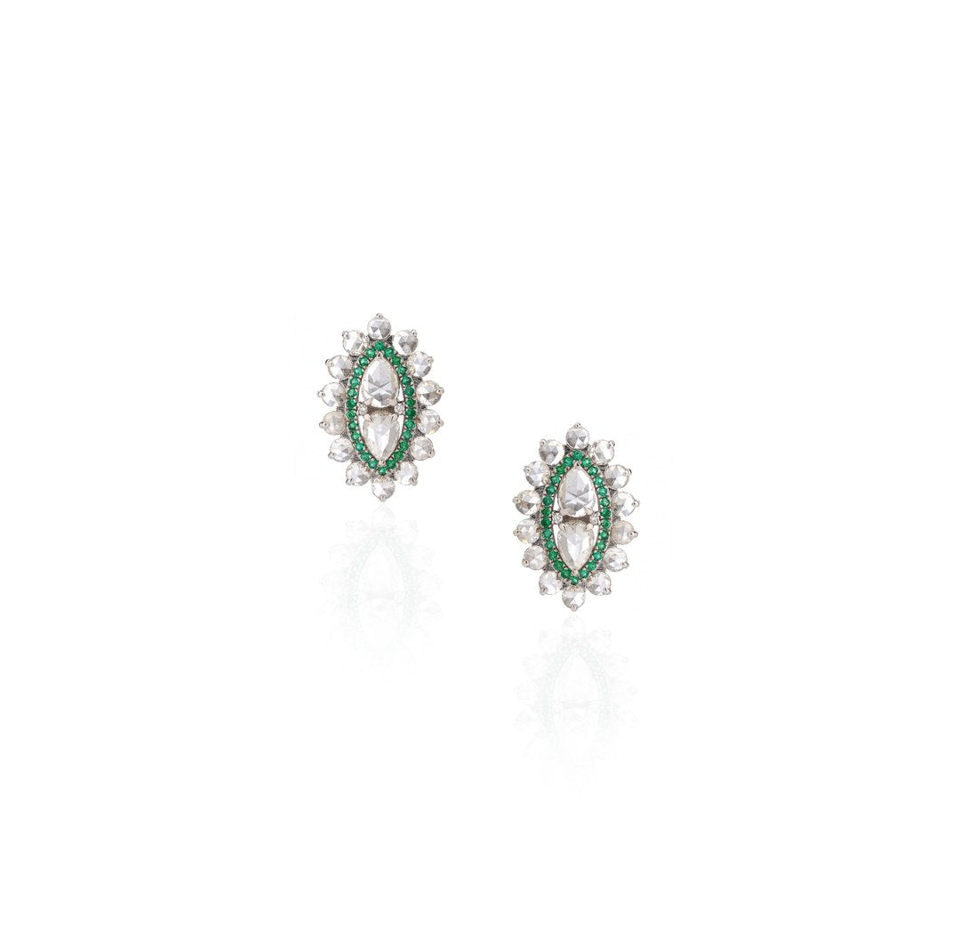 18K White Gold Emerald Halo Diamond Earrings
