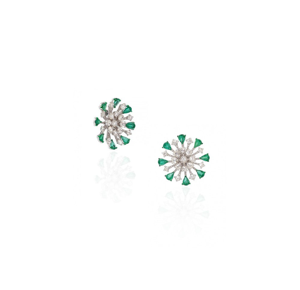 18K White Gold Emerald Floral Diamond Stud Earrings