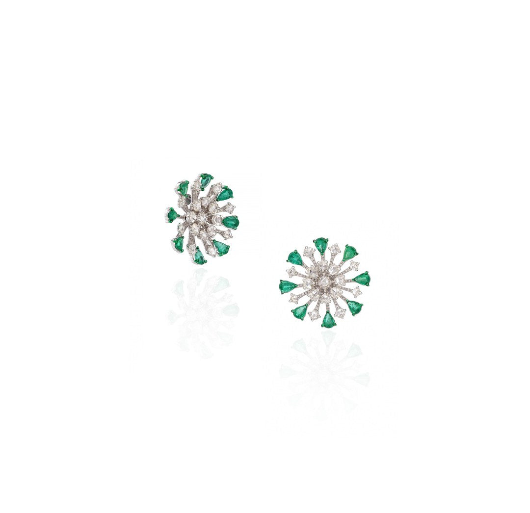 18K White Gold Emerald Floral Diamond Stud Earrings