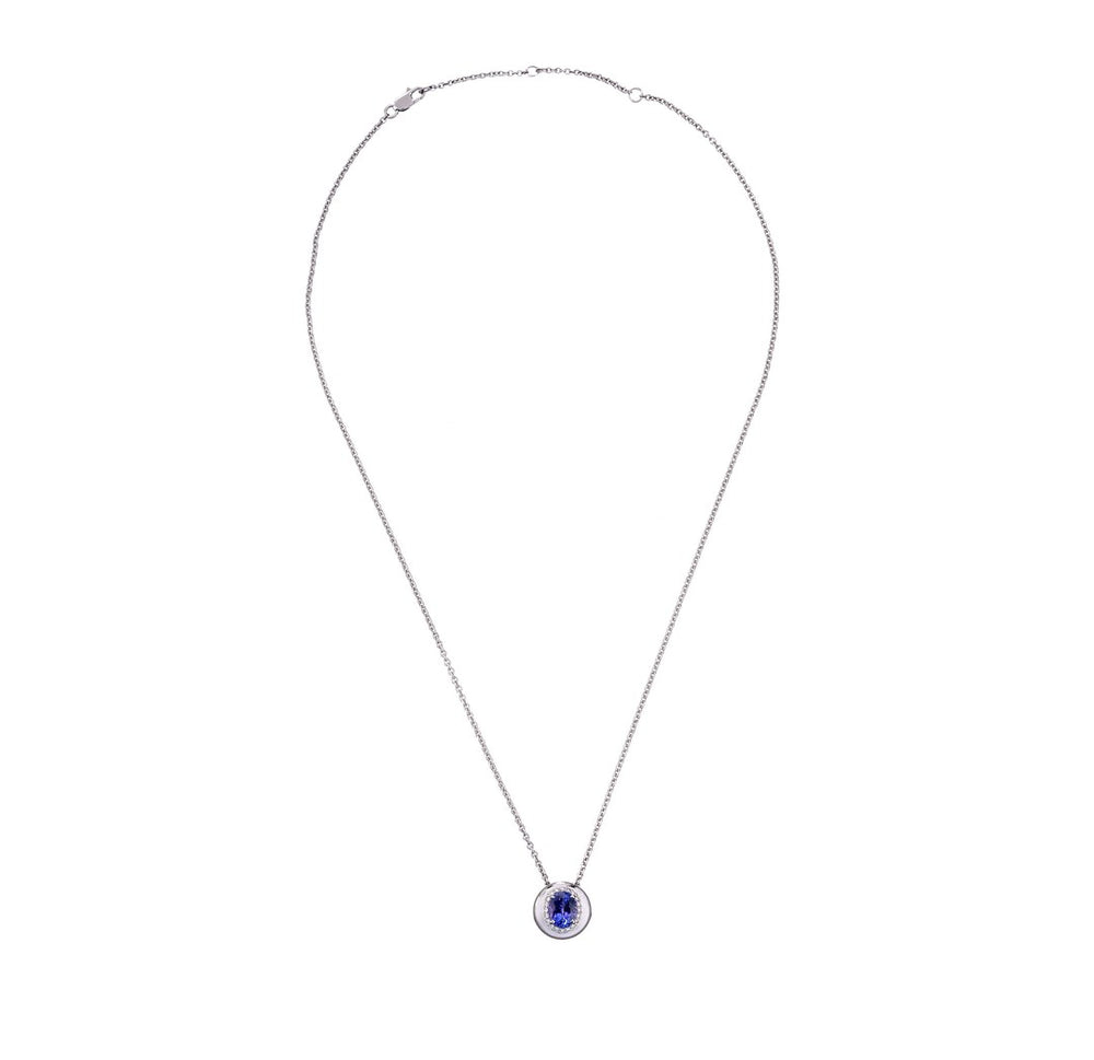 18K White Gold Blue Sapphire Diamond Pendant Necklace