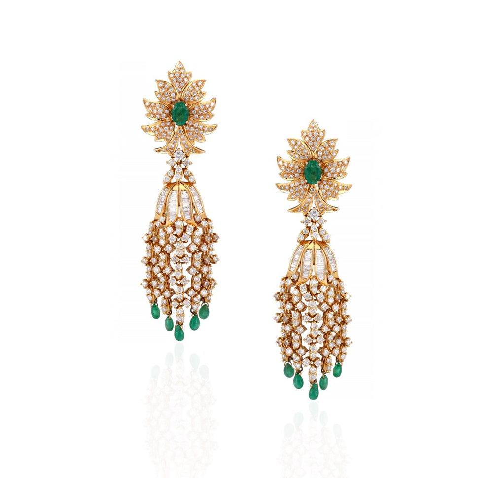 14K Gold Emerald Diamond Chandelier Earrings