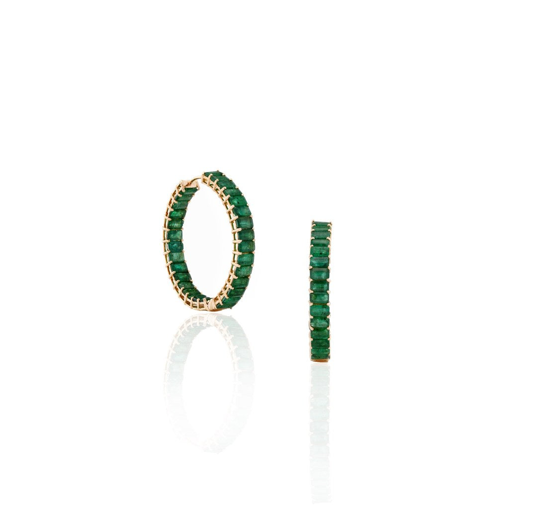18K Yellow Gold Emerald Hoop Earrings