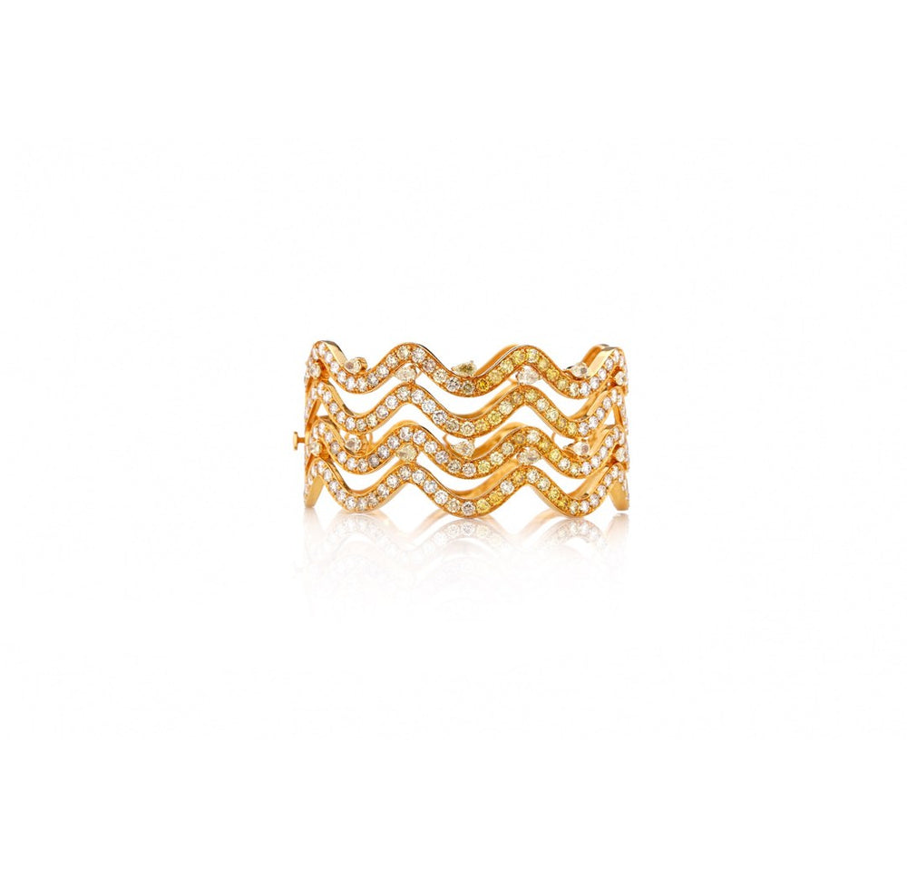 18K Yellow Gold Multi Row Diamond Cuff Bracelet