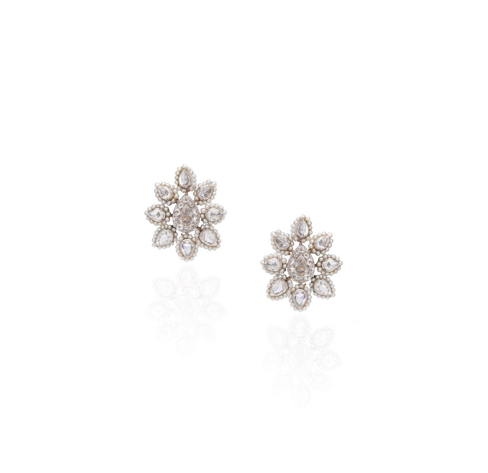 18K White Gold Rose Cut Diamond Floral Earrings