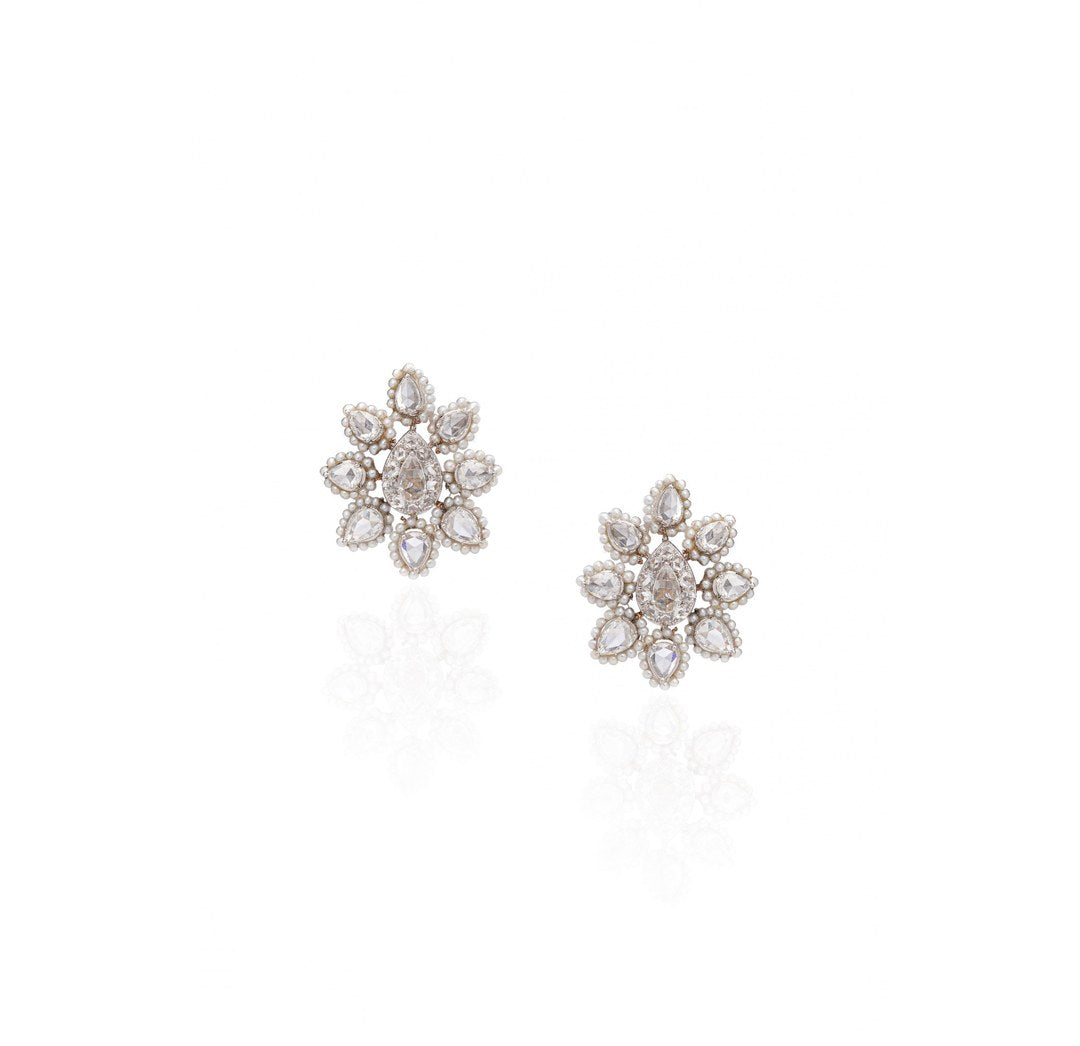 18K White Gold Rose Cut Diamond Floral Earrings