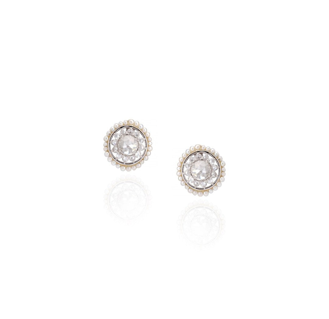 18K White Gold Rose Cut Diamond Halo Earrings