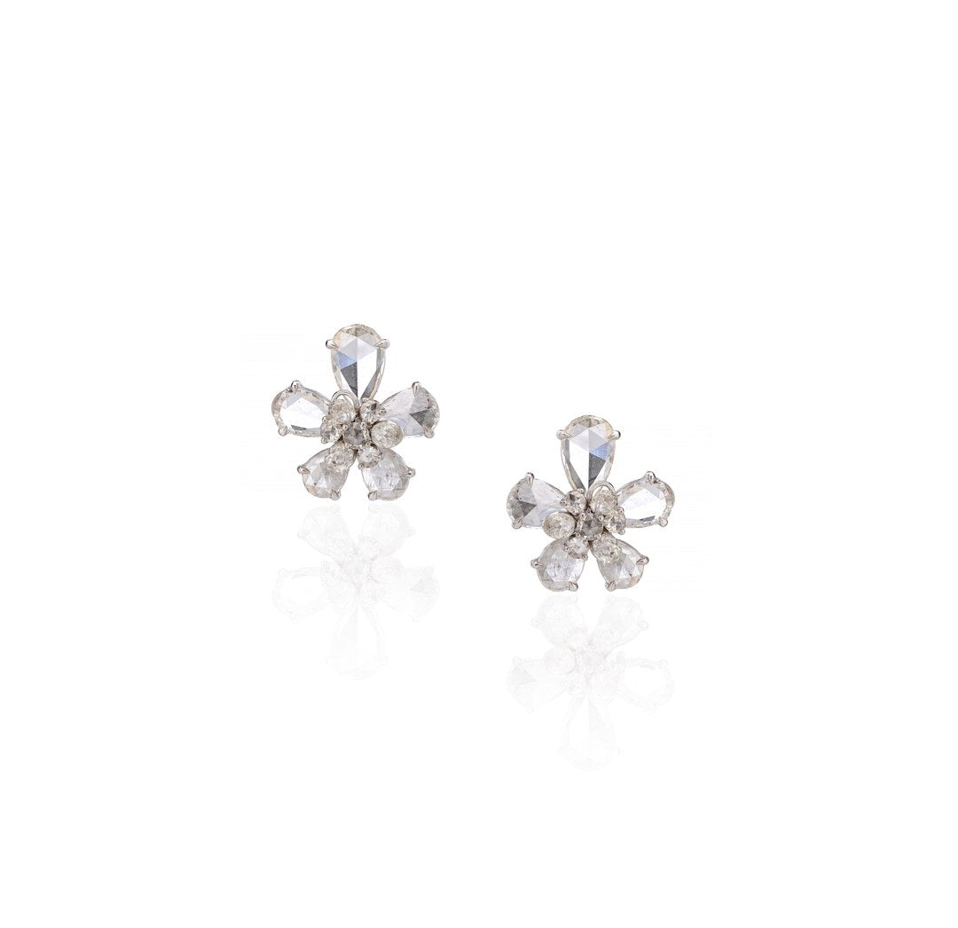 Rose Cut Diamond Floral Stud Earrings in 18K White Gold | Luxury Fine Jewellery