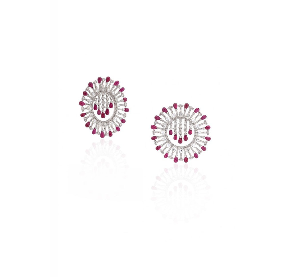 18K White Gold Ruby Halo Diamond Earrings
