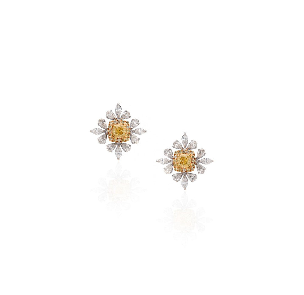 18K White Gold Yellow Diamond Floral Stud Earrings