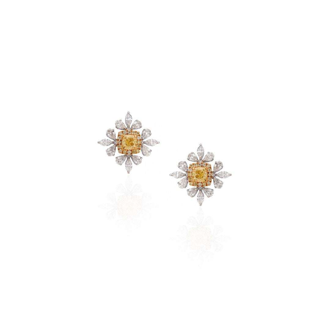 18K White Gold Yellow Diamond Floral Stud Earrings
