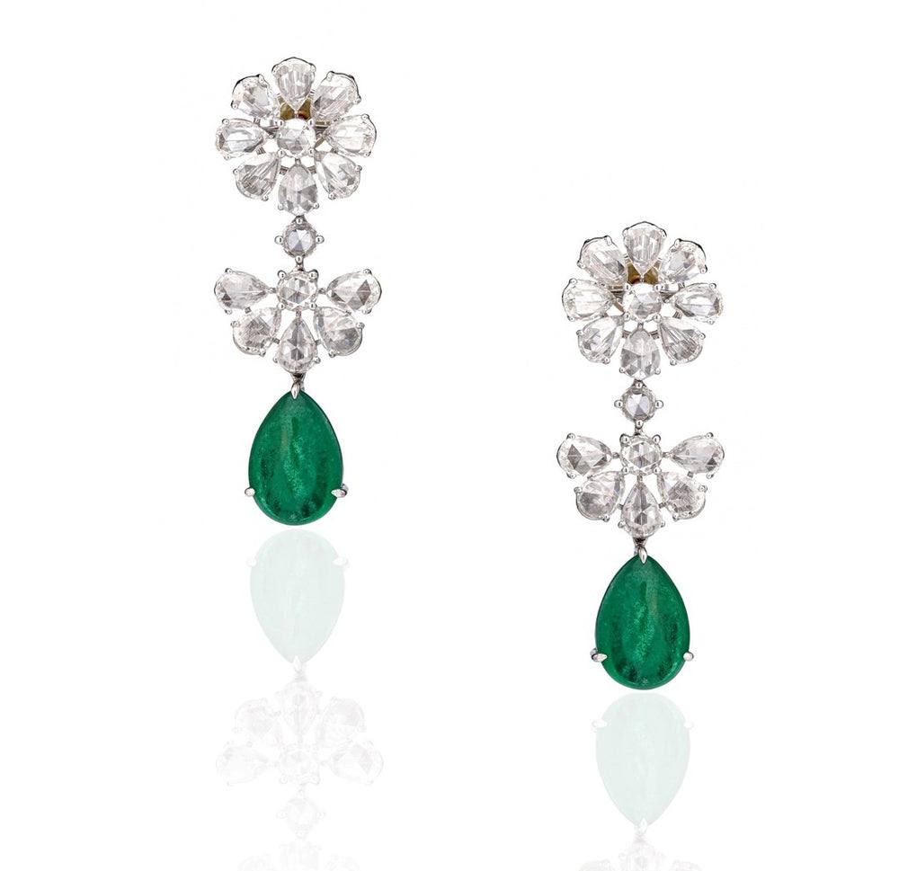 18K White Gold Rose Cut Diamond Emerald Drop Earrings
