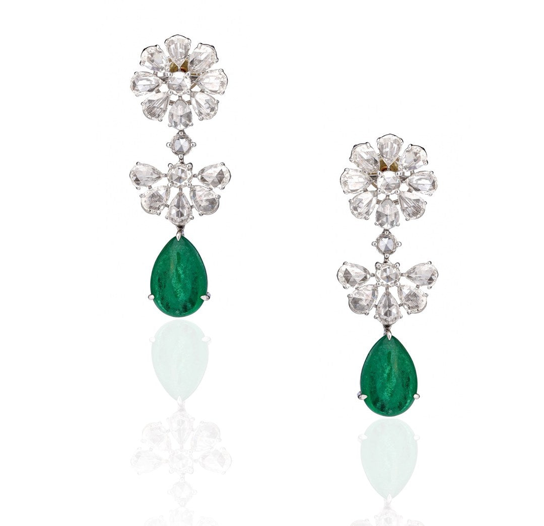 18K White Gold Rose Cut Diamond Emerald Drop Earrings