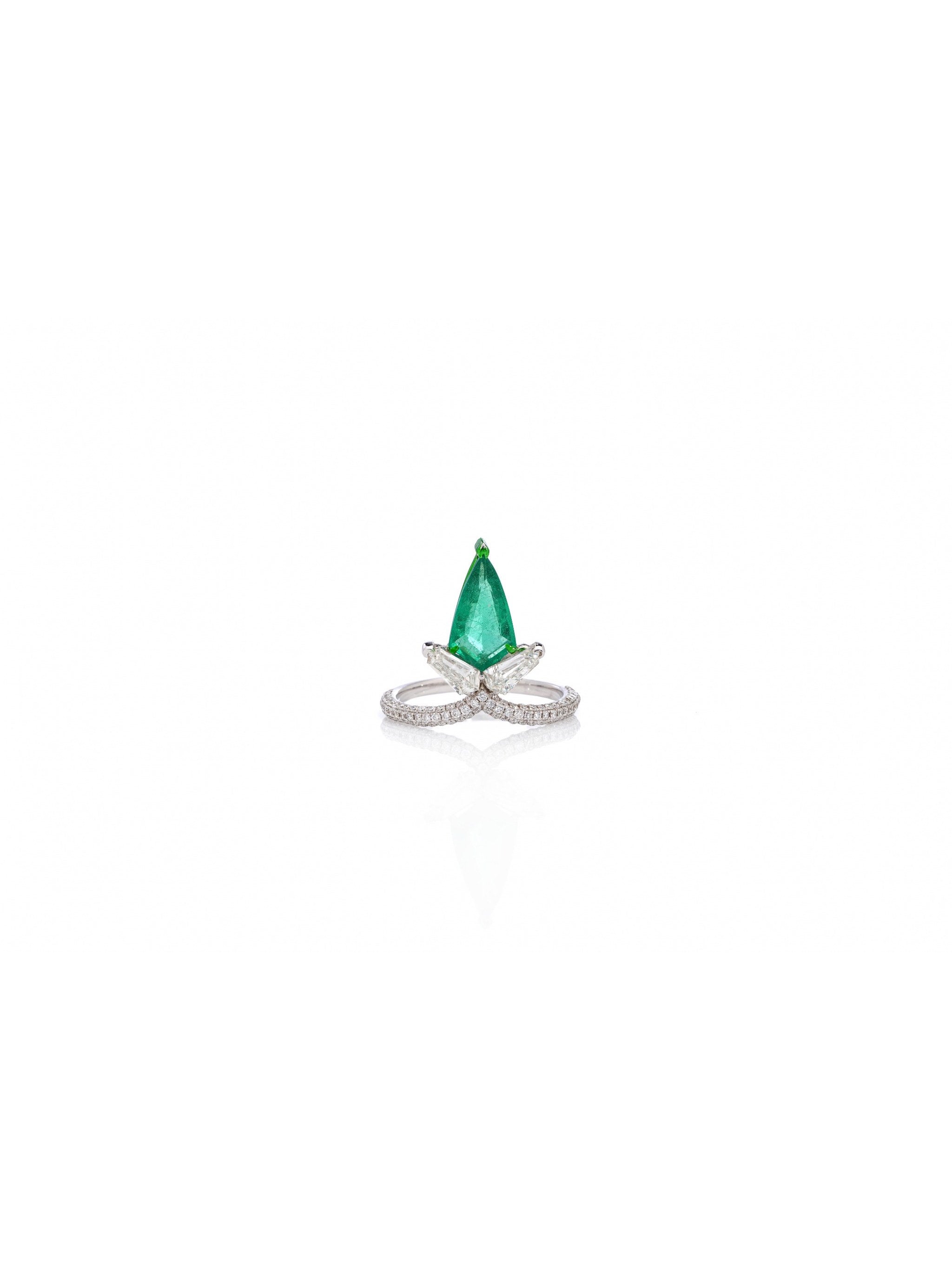 Emerald Drop Diamond Ring in 18K White Gold