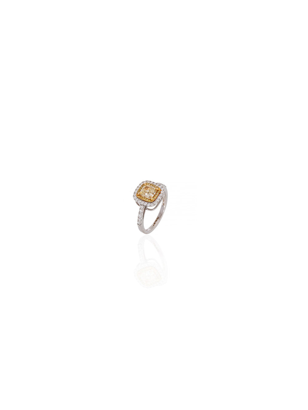 Golden Cushion Halo Diamond Ring in 18K White Gold