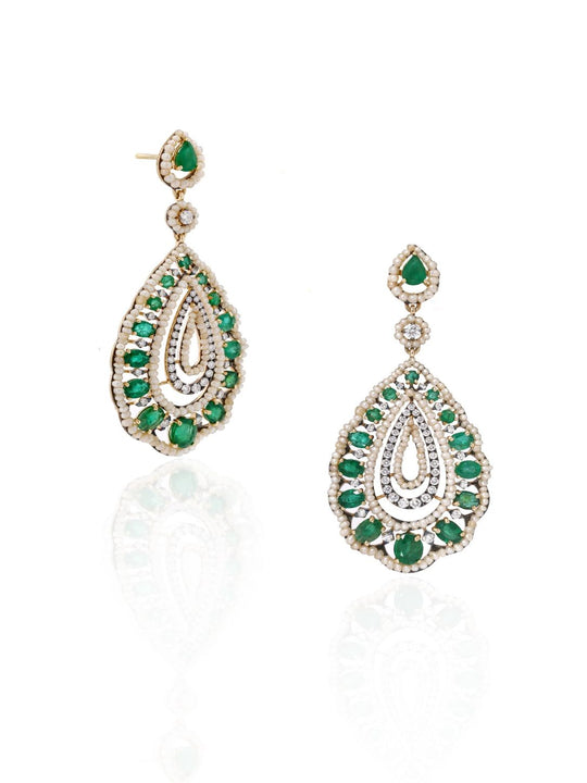 Emerald Royale Natural Diamond Teardrop Earrings in 14K Gold