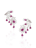 18K White Gold Ruby Diamond Ear Climber Earrings